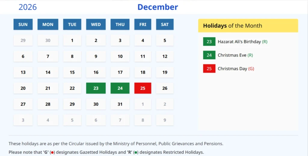 Indian Calendar 2026 December 