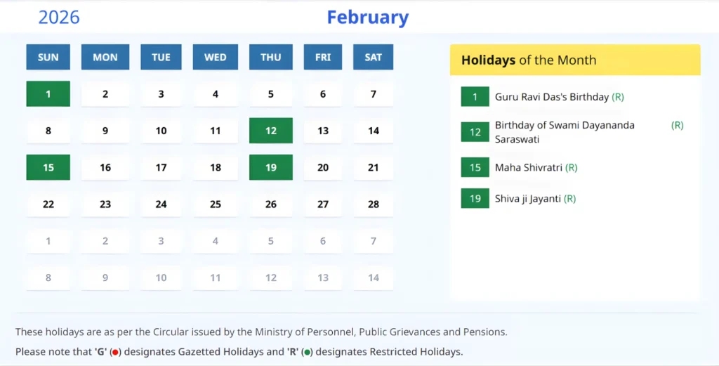 Indian Calendar 2026 February