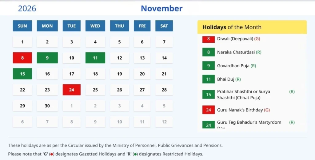 Indian Calendar 2026 November 