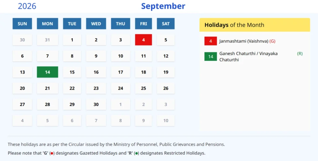 Indian Calendar 2026 September 
