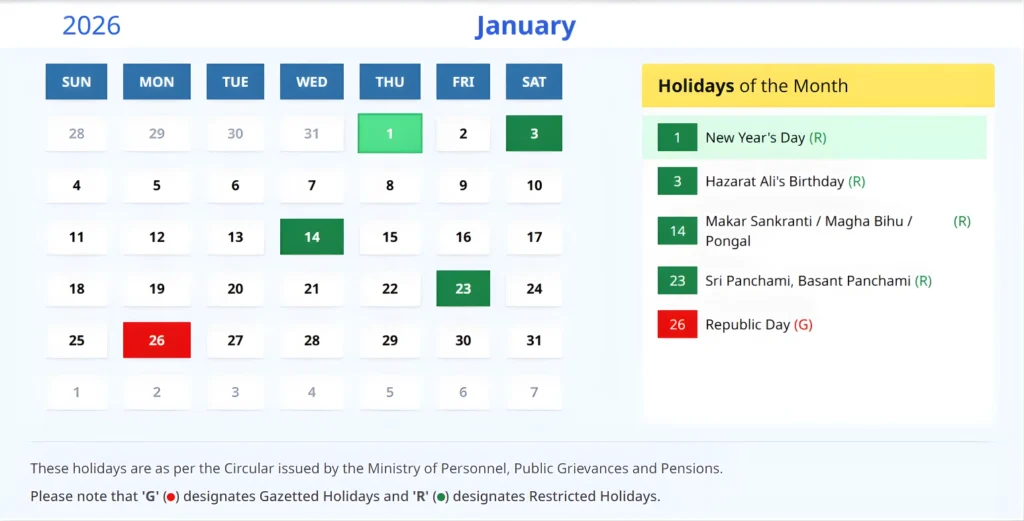 Indian Calendar 2026 January