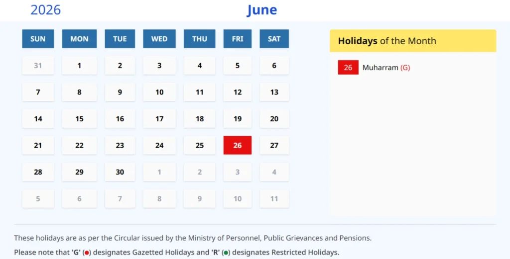 Indian Calendar 2026 June 