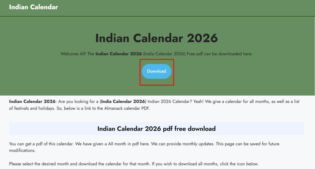 Indian Calendar 2026 pdf free download